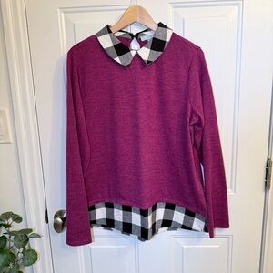 Elegant Plaid Collar Long Sleeve Top - Magenta